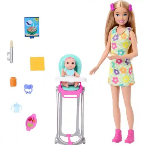 Mattel Barbie Skipper bébiszitter baba etetőszékkel és színváltós kisbabával