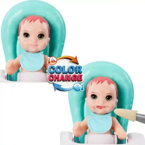 Mattel Barbie Skipper bébiszitter baba etetőszékkel és színváltós kisbabával