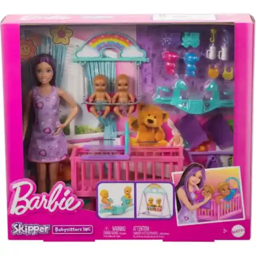 Mattel Barbie Skipper bébiszitter baba kisbabákkal, kisággyal, hintával és libikókával