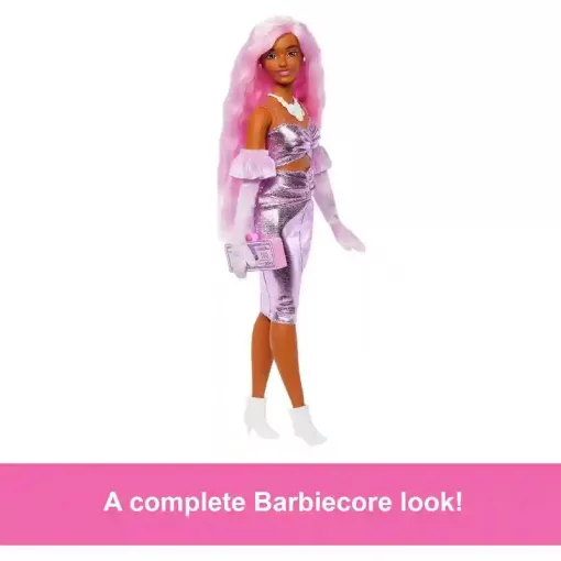 Mattel Barbie Deluxe Style baba fényes rózsaszín ruhában