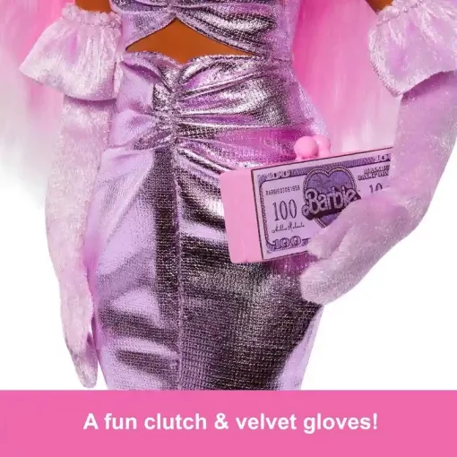 Mattel Barbie Deluxe Style baba fényes rózsaszín ruhában