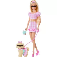 Mattel Barbie rózsaszín kockás ruhában kiskutyával