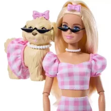 Mattel Barbie rózsaszín kockás ruhában kiskutyával