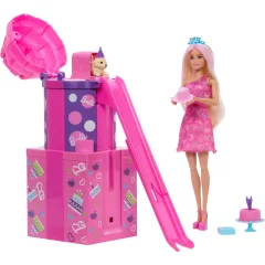   Mattel Barbie Rise & Surprise születésnapi babakészlet kiskutyával és csúszdával