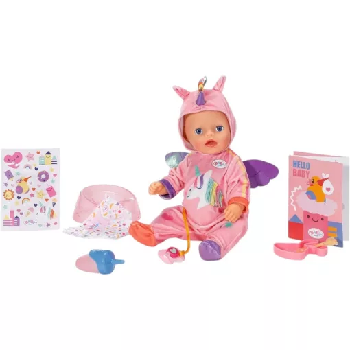 Zapf Creation Baby Born Lena 7 funkciós interaktív játékbaba unikornis ruhában 36cm