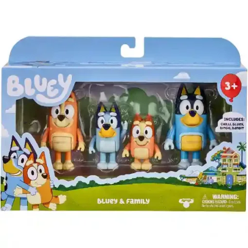 Bluey - Bluey családja 4db-os figuraszett, Bluey, Bingo, Csibész, Szimat