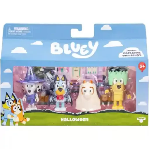 Bluey - Bluey, Bingo, Kloé és Mázli figurák halloween jelmezekben