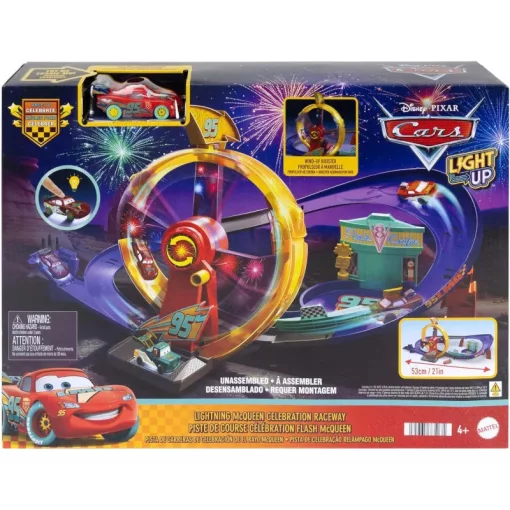 Mattel Disney Verdák: Ünnepi versenypálya világító Villám McQueen kisautóval