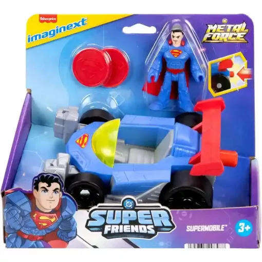 Mattel Fisher-Price Superman - Supermobile autó Superman figurával és kilövővel, DC Super Friends