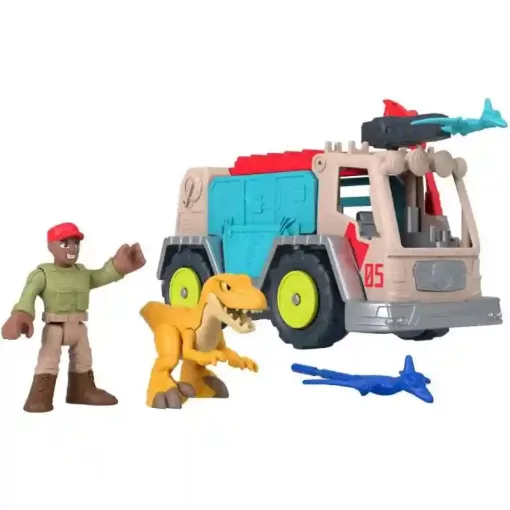 Mattel Fisher-Price Jurassic World - Átalakuló elfogó autó dinóval és figurával