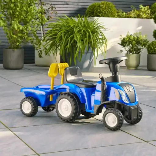 New Holland T7 traktor bébitaxi utánfutóval és kerti játékokkal