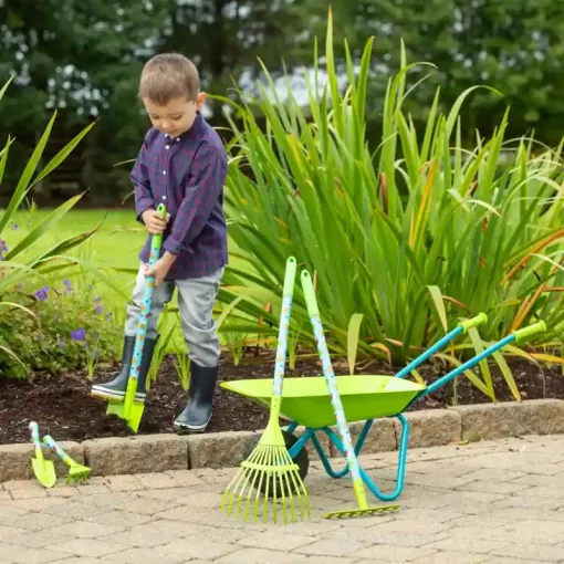 Játék fém talicska fém kerti szerszámokkal