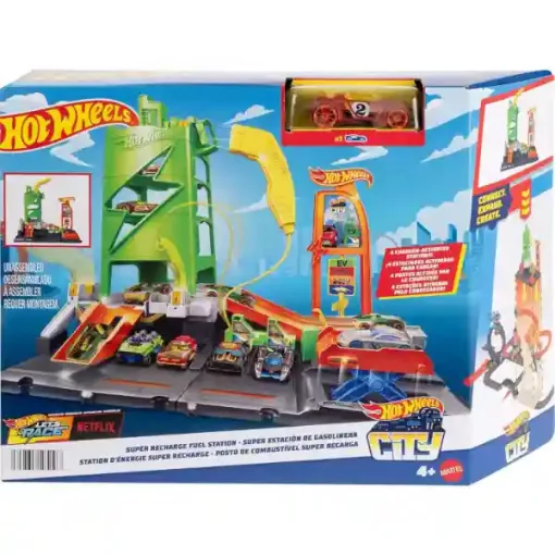 Mattel Hot Wheels Supercharge töltőállomás kisautóval