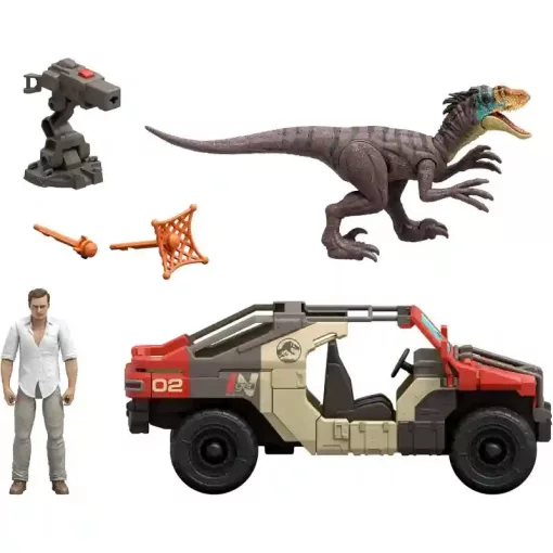 Mattel Jurassic World: Újjászületés Velociraptor dino elfogása terepjáróval, Rebirth