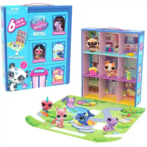 Littlest Pet Shop LPS - Littlest Pet Shop hordozható hotel figurákkal (kaméleon (#27), németjuhász kutya (#30), cica (#34), madár (#66), láma (#198) és delfin (#199))