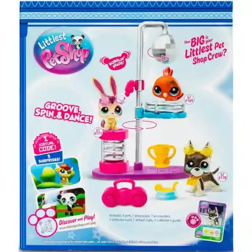 Littlest Pet Shop LPS - Diszkó party figurákkal (páva madár (#169), dándog kutya (#170) és nyuszi (#171))