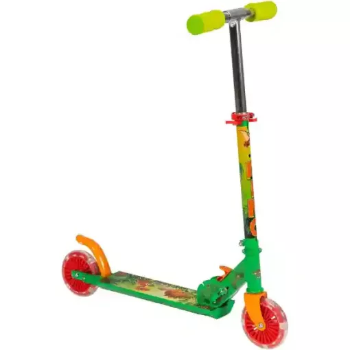 Dinós fémvázas összecsukható kétkerekű gyerek roller lábfékkel, LED világítással