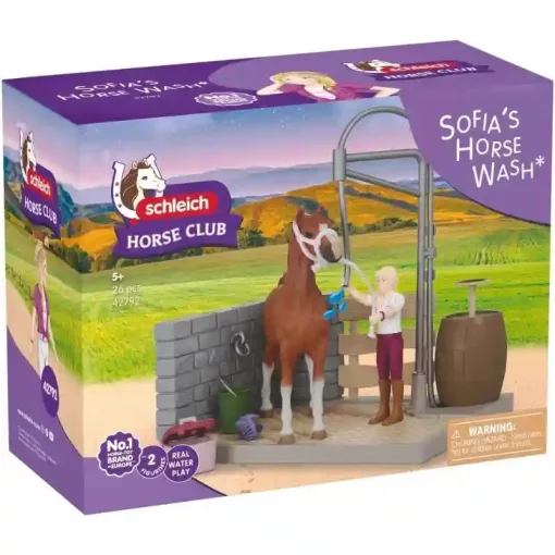 Schleich 42792 Sofia és Amerikai Saddlebred lova a lómosó helyen
