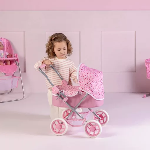 Ivy & Lily összecsukható fémvázas rózsaszín babakocsi játékbabáknak