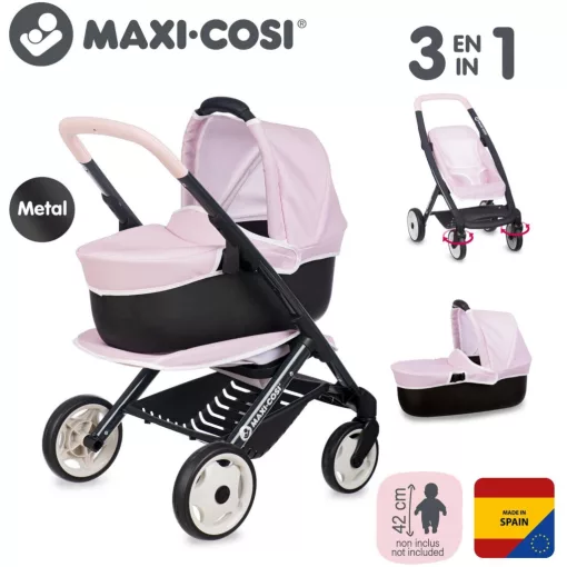 Smoby Maxi-Cosi 3 az 1-ben rózsaszín fémvázas babakocsi játékbabáknak