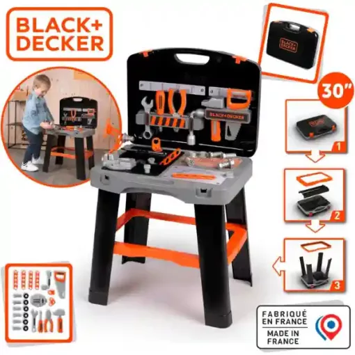 Smoby Black & Decker összecsukható játék szerelőasztal szerszámokkal bőröndben