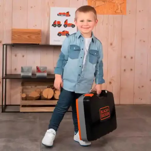 Smoby Black & Decker összecsukható játék szerelőasztal szerszámokkal bőröndben
