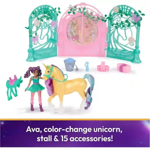 Unikornis Akadémia - Istálló Ava babával és színváltós Levél unikornisával, Unicorn Academy
